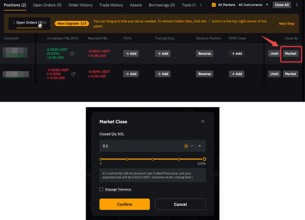 바이비트 선물거래 방법 중 꼭 알아야 할  포지션 종료, 닫기, 정리, 변경 방법을 위한 단계를 설명하고 있다. 현재 단계는 '시장가'로 닫기 방법을 설명하고 있다.