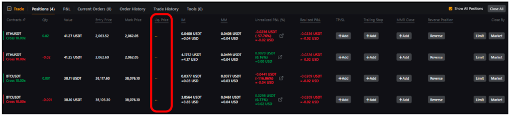 바이비트 선물거래 하는 법 - 포지션창 기능 설명4 - 청산가 위치 