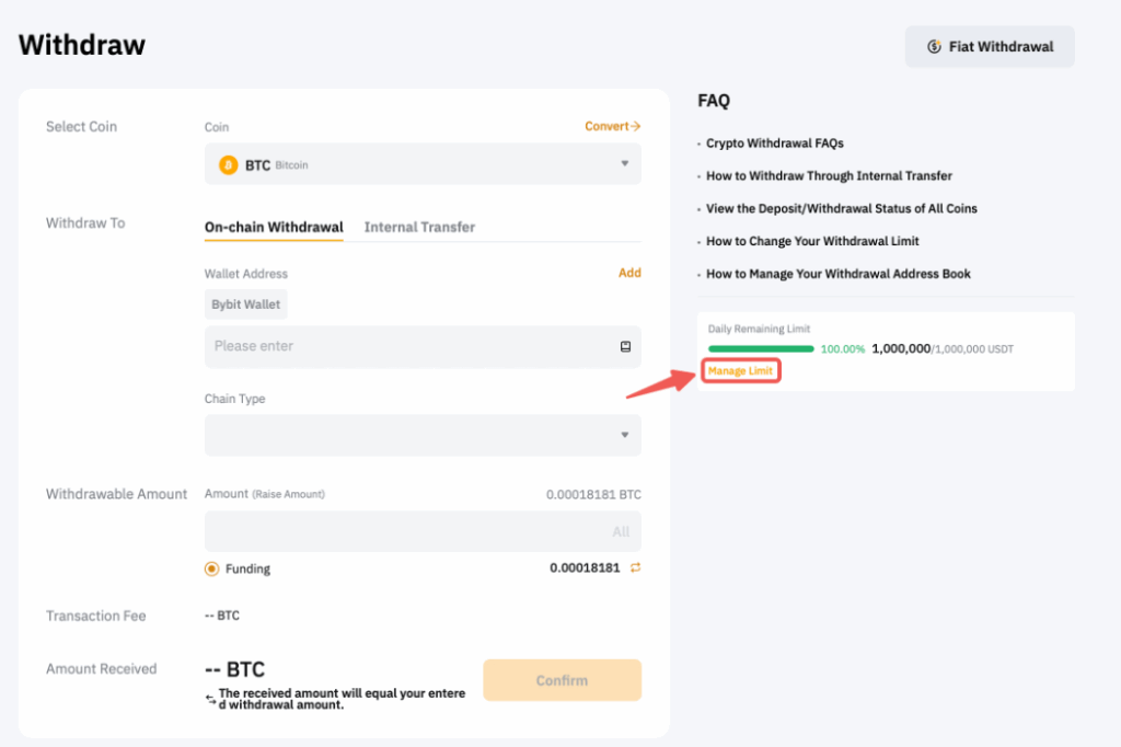 바이비트 출금 한도 조정 방법을 설명하는 사진이다.   오른쪽에서 Security를 Manage Limit 찾고, 클릭한다. (노란색 텍스트)