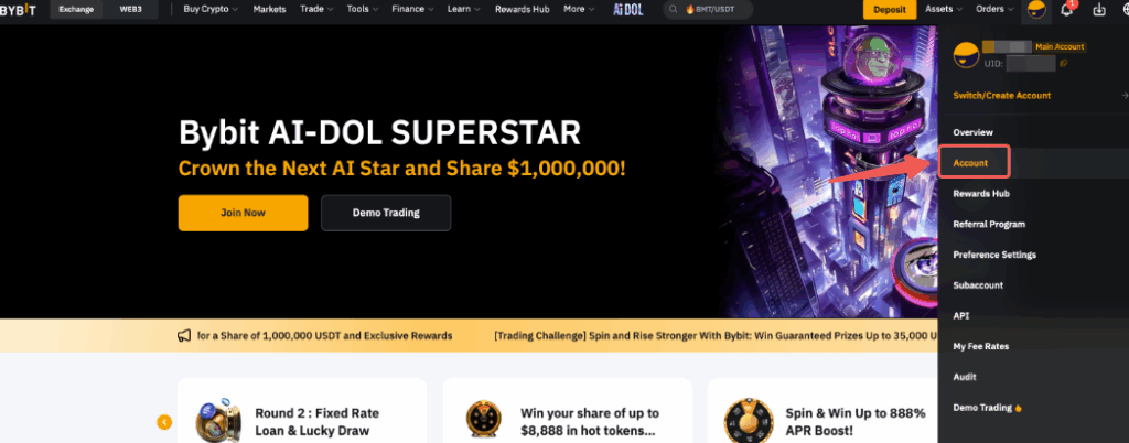 바이비트 출금 한도 조정 방법을 설명하는 사진이다.  우측 상단의 프로필 아이콘을 클릭하고, Account를 찾아 클릭한다.