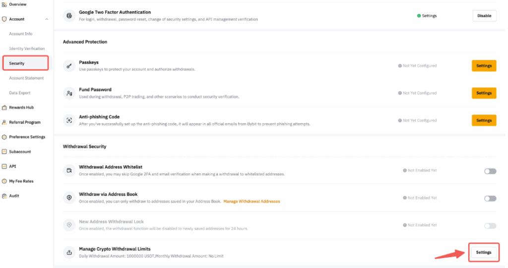 바이비트 출금 한도 조정 방법을 설명하는 사진이다.   오른쪽에서 Security를 찾은 다음 Manage Crypto Withdrawal Limits 항목을 찾고  Settings 버튼을 클릭한다.